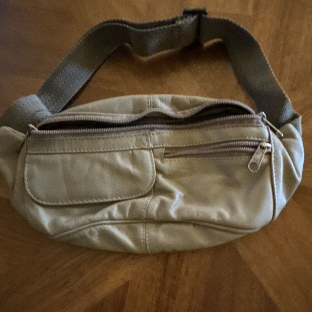 Beige Hiking Waist Pack Zip Hook & Loop Adjustable Strap Lightweight Synthetic